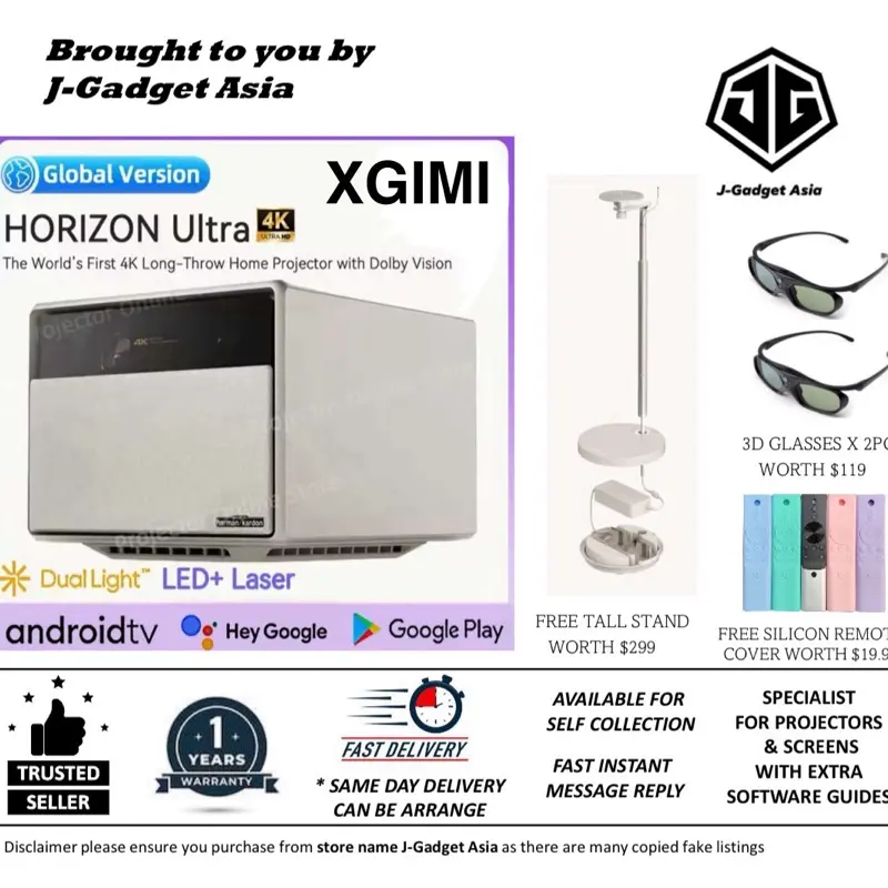 XGIMI Horizon Ultra 4K Projector c/w Original Ultra Tall Stand; World's First 4K Long-Throw Home Projector with Dolby Vision XGIMI Dual Light Technology Laser LED Hybrid Light (Global Version Android TV 11.0 - 1 Year Warranty