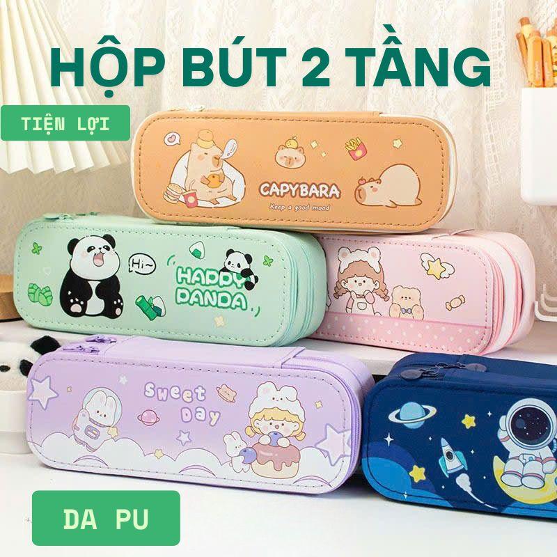 Túi hộp đựng bút học sinh 2 ngăn nhiều màu cute hộp bút