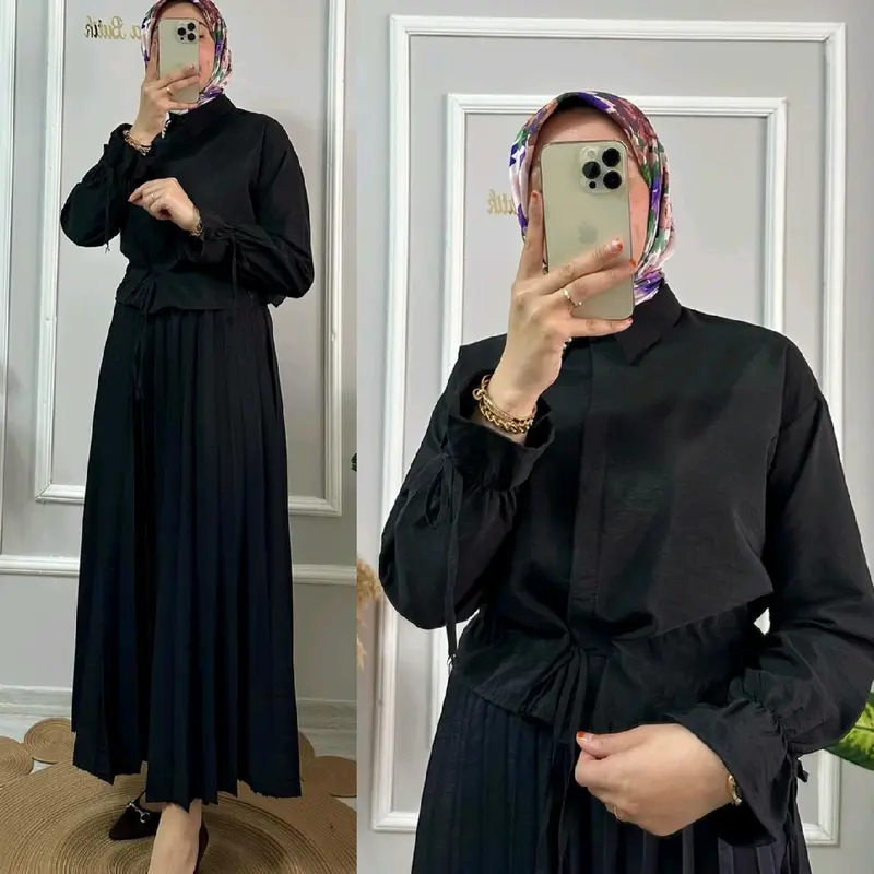 Jihan One Set Rok Plisket | Setelan Wanita Muslim Atasan Crop Rok Panjang Kulot Plisket Full Kancing Kerah Kemeja Crinkle Airflow Karet Melar 1