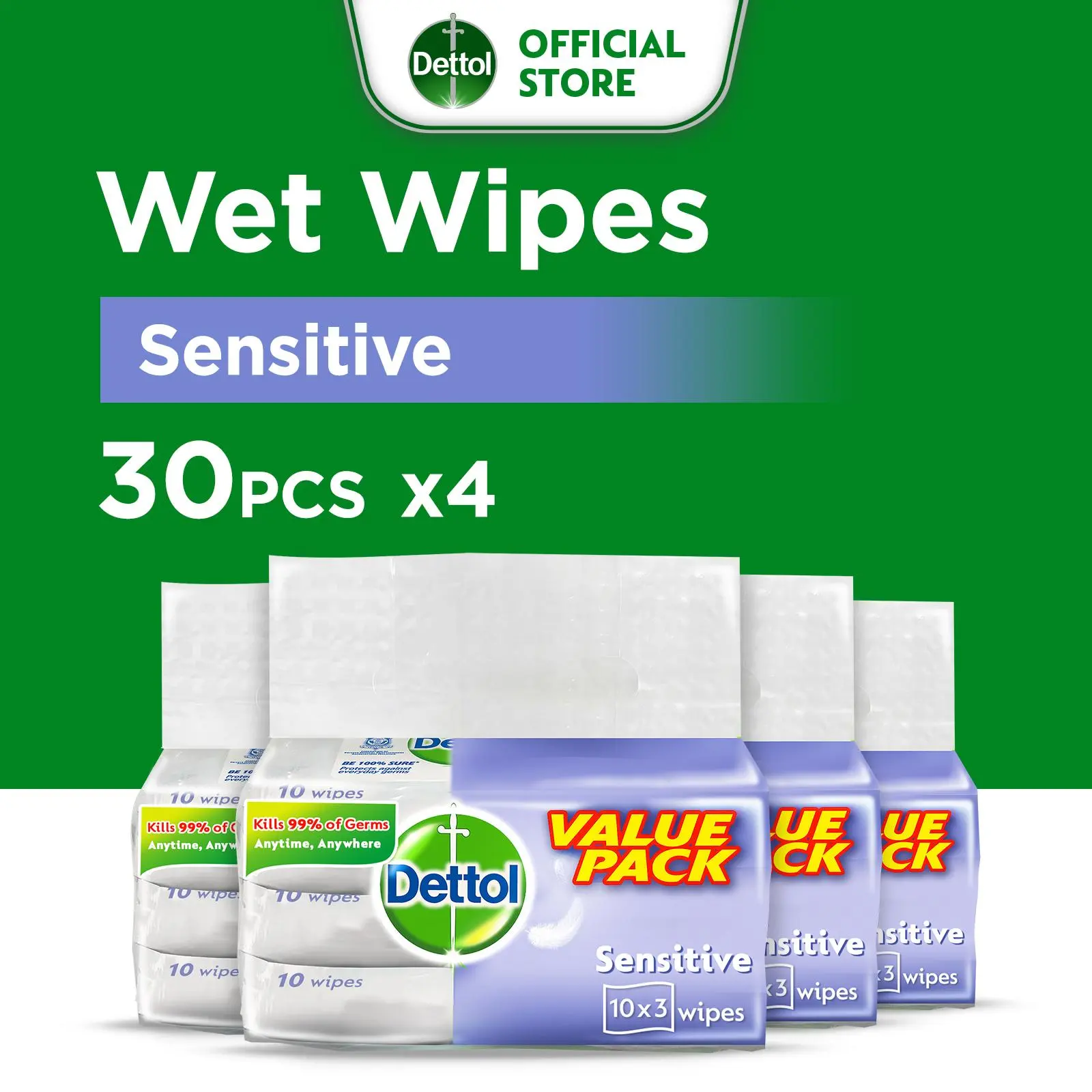 [Bundle of 4] Dettol Anti Bacterial Sensitive Wet Wipes 10s Value Pack (Kills 99.9% of Germs)