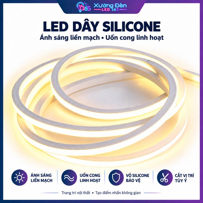 Dây Đèn LED Silicon 12V/24V Dẻo Uốn Cong Định Hình, Cắt Tùy Ý, Ánh Sáng Mịn, Kích Thước 1010 10x10mm, 1510 15x10mm, 2010 20x10mm, Dùng Hắt Trần Hắt Khe Kệ Tủ Nội Thất (Giá Theo Mét)