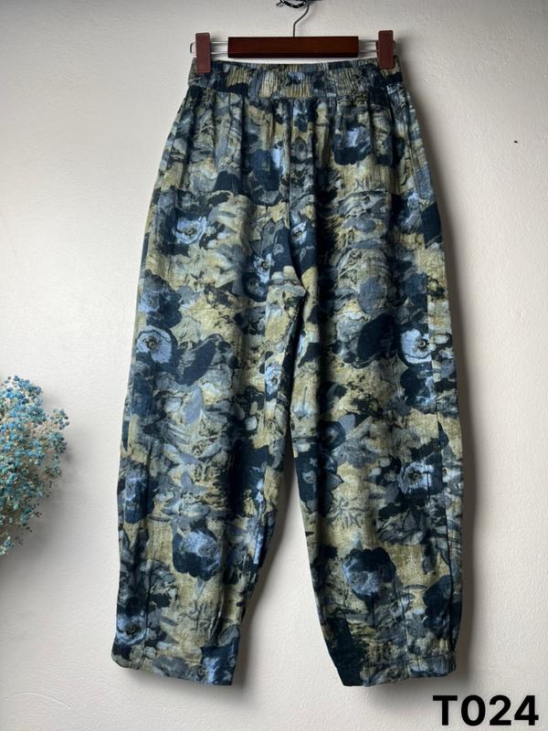 Quần Baggy Bom Dài Chất Linen Thô Hoa BEYO Cạp Chun Hai túi phong cách phía trước Ly Chân T024 Nữ Women Pants Khuy