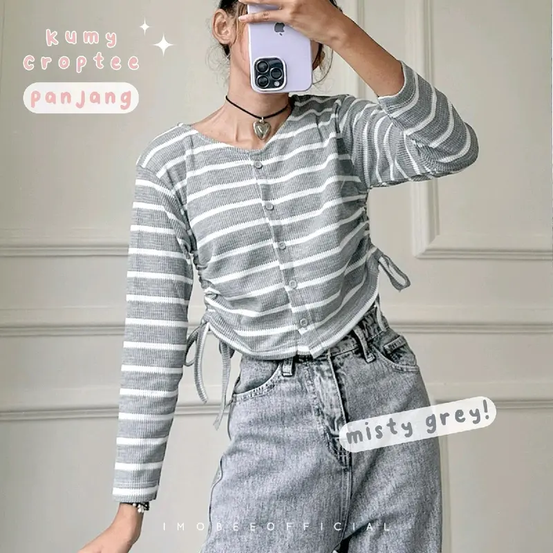 kumy crop stripe lengan panjang / atasan waffle garis crop / blouse serut korea 3