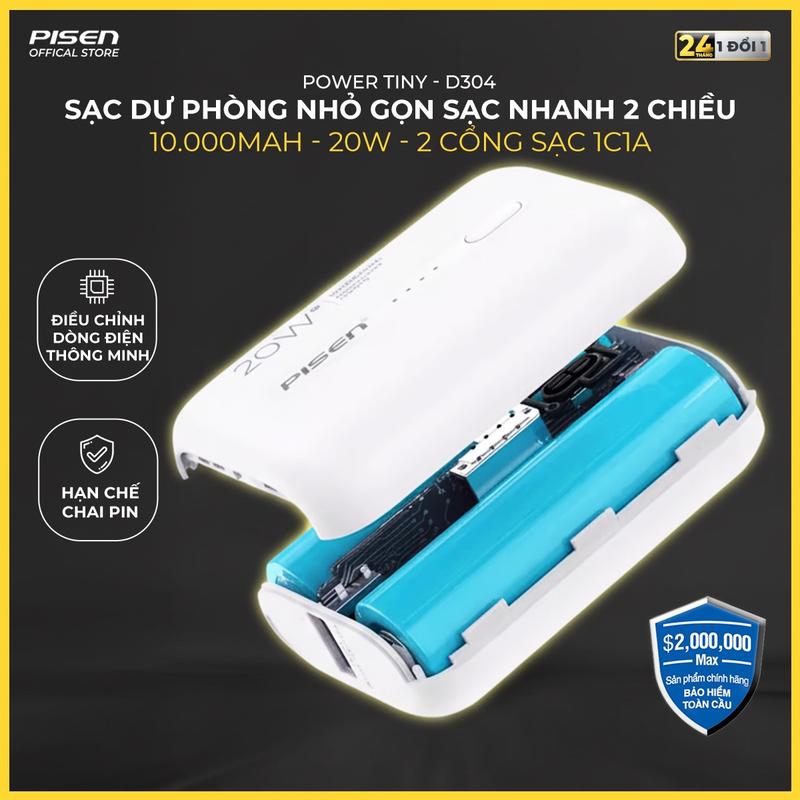 [PISEN] Sạc Dự Phòng Mini Nhỏ Gọn, Sạc Nhanh 20W | Sạc Nhanh 2 Chiều, 2 Cổng Sạc, Bền Bỉ, Nhỏ Gọn | Tương Thích iPhone & Android | PISEN QUICK - Power Tiny 20W 10000mAh | TS-D304 | Bảo Hành 18 Tháng (PCARE + 6 Tháng) | Bảo Hiểm 2 Triệu Đô