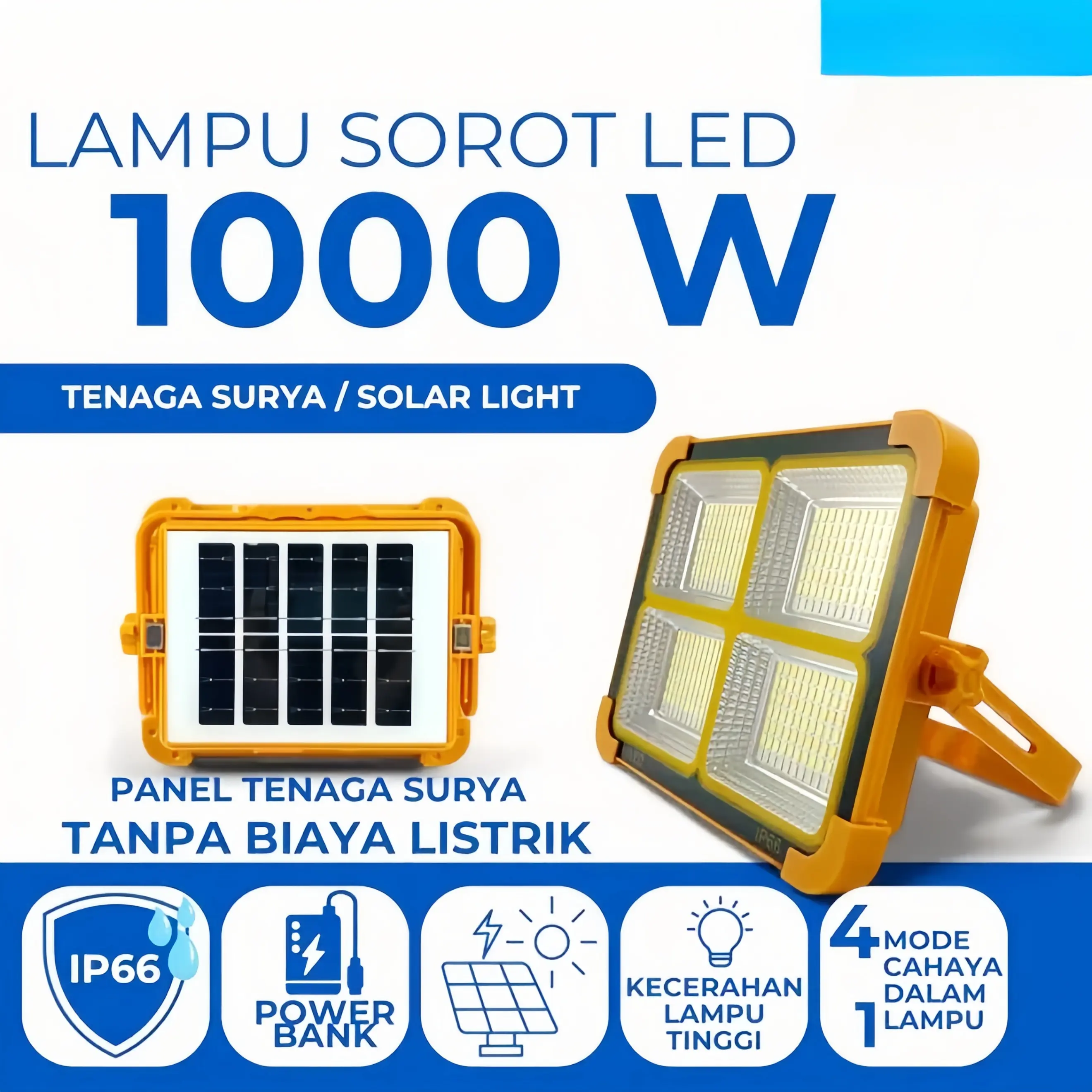 Lampu Sorot 1000W Tenaga  / Solar Powered Gantung Camping Tenda Floodlight Matahari Panel Cell IP66 Outdoor Portable