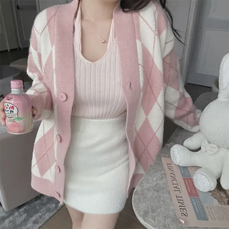 Retro plaid long sweater cardigan women plus size casual sweater knitted sweater knitwear