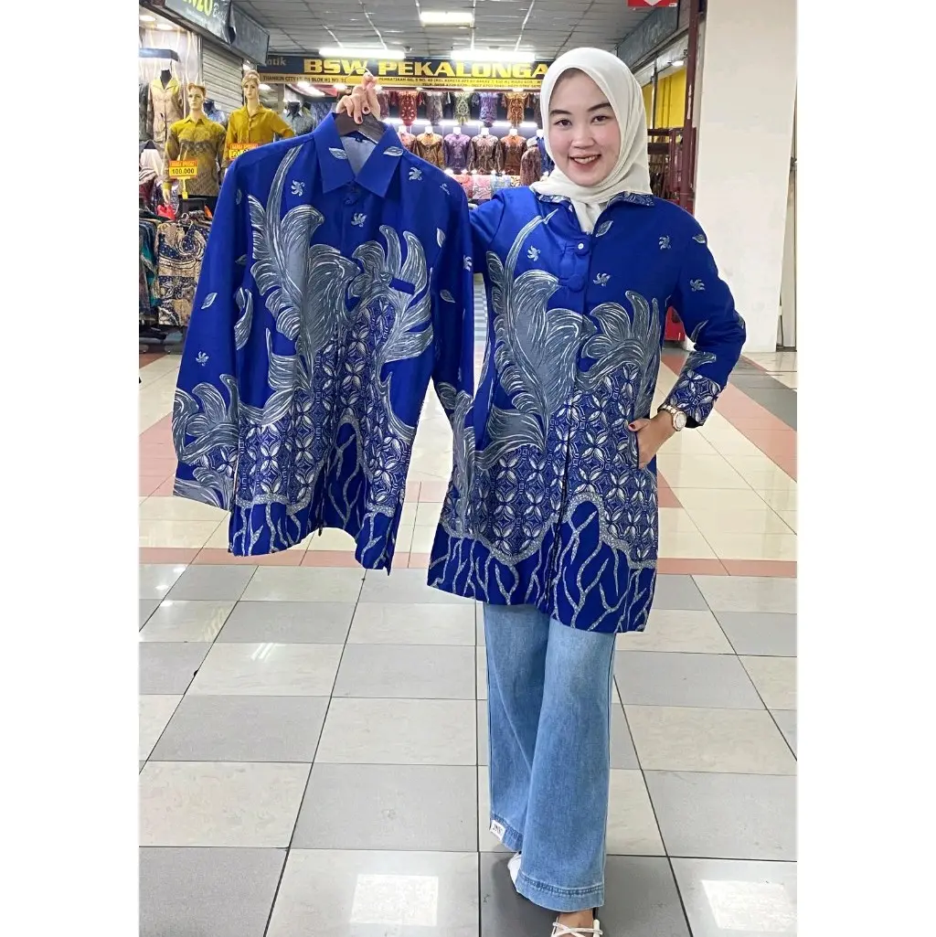 batik solo premium wanita dan pria warna biru elektrik kombinasi abu abu lapisan full trikot R11