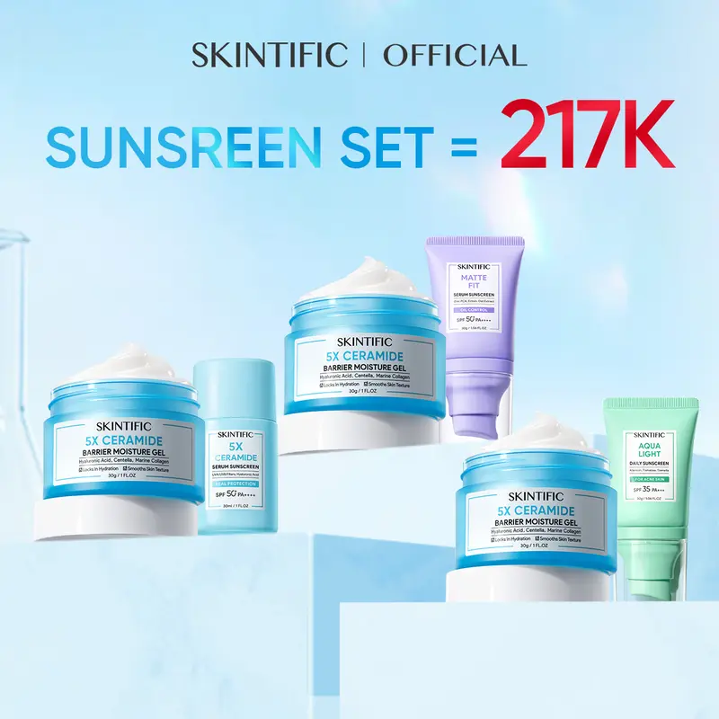 【live】SKINTIFIC 2pcs 5X Ceramide Moisturizer + Suncreen: SKINTIFIC 5X Ceramide Serum Sunscreen 30ml SPF 50 PA++++/SKINTIFIC Aqua Sunscreen Light Daily Sunscreen SPF 35 PA+++/SKINTIFIC  Matte Fit Serum Sunscreen 30g SPF50+ PA++++ 0