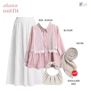 One Set Outfit Remaja (Blouse Lace, Rok Ruffle, Shoulder Bag) Setelan OOTD Hijab Wanita - GGO32
