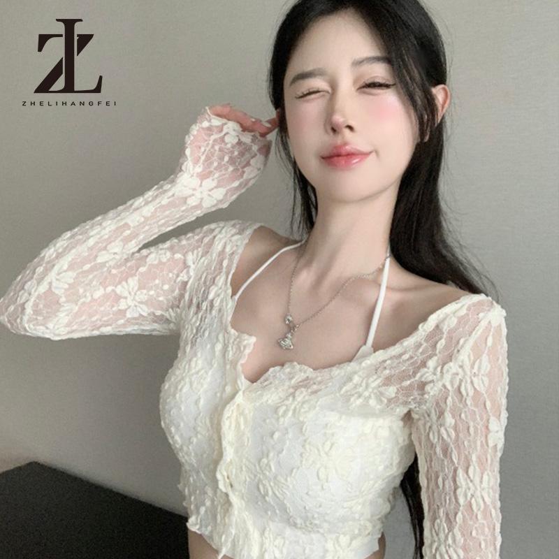 Pure Desire Áo Sơ Mi Ren Mỏng Nữ Mùa Xuân Gợi Cảm Ngắn Rốn Crop Xuyên Qua Top Skinny Co Giãn Áo Khoác Đơn