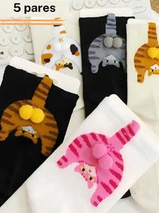 5 Pares de Calcetines Medio Pie de Gato de Dibujos Animados, Calcetines Casuales de Huevo de Gato 3D Creativos, Adecuados para Parejas y Uso Diario en el Hogar y Trabajo