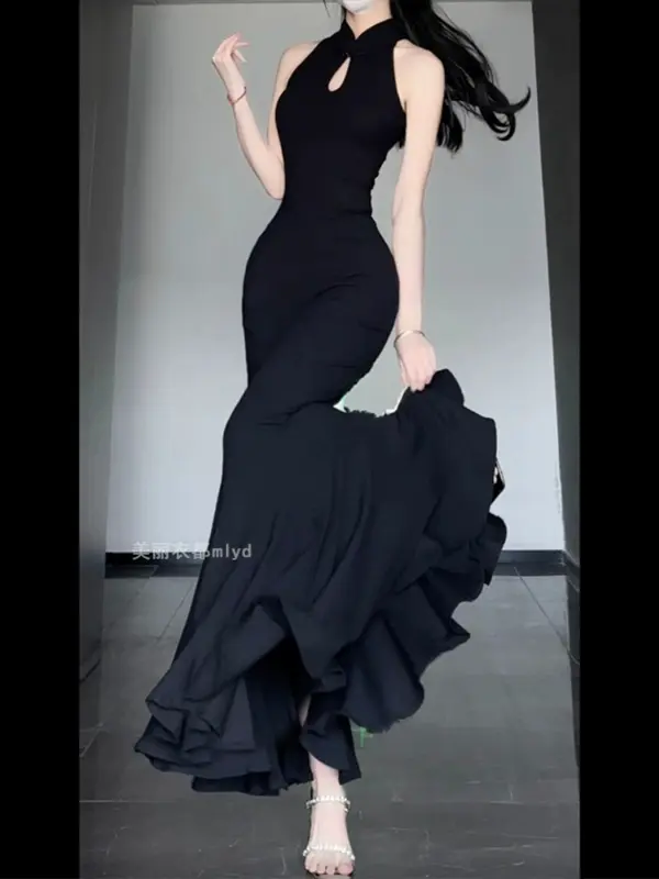 Đầm dài Sườn Xám 2024 Hiện Đại Cho Phụ Nữ Không Tay Bodycon Thanh Lịch Sexy Thiết Kế Thời Trang Quần Áo Truyền Thống Căng Ra Màu Đen tiệc tối buổi tối trang trọng Women Dress 6