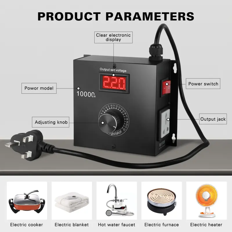 Bộ điều chỉnh điện áp điện tử SCR, 10000W, AC công suất cao, 0V-220V, Biến áp chuyển đổi điện áp thay đổi, Bộ điều chỉnh độ sáng điện tử, Bộ điều khiển tốc độ quạt động cơ cụm từ đơn, cho quạt nhẹ, phích cắm của Vương quốc Anh 3