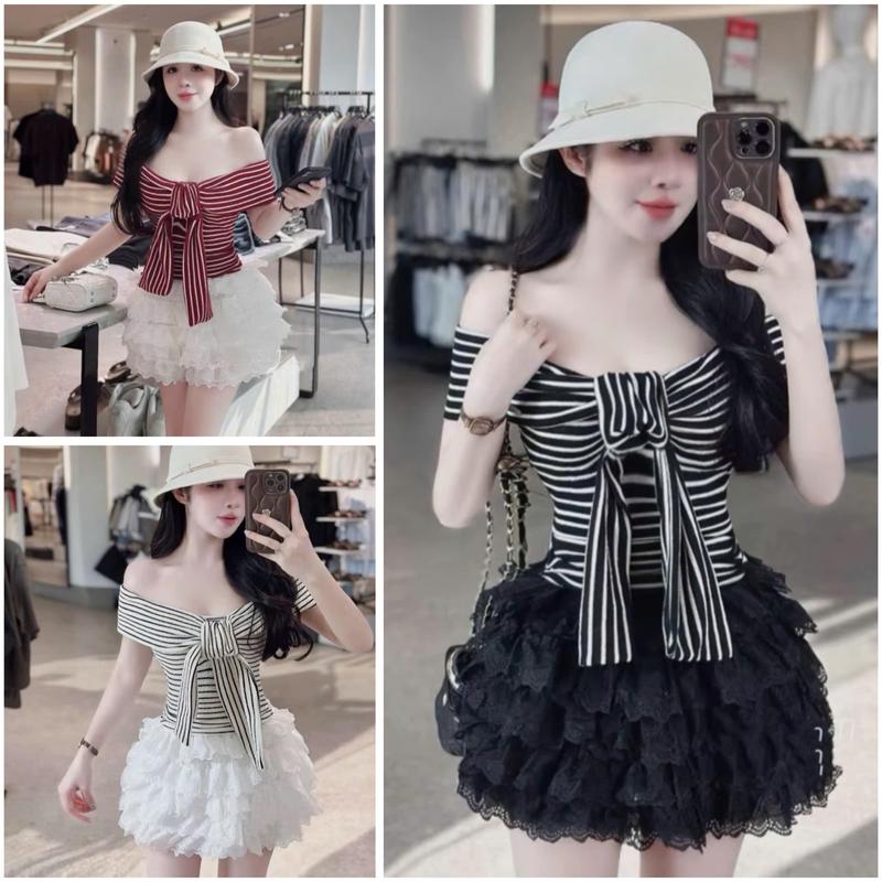Xả Kho Sét Áo Tiểu Thư Đũi Xốp Kẻ Trễ Vai Mix Dây Buộc Nơ Kèm Chân Váy Tầng Xoè Xinh Xắn Dễ Thương