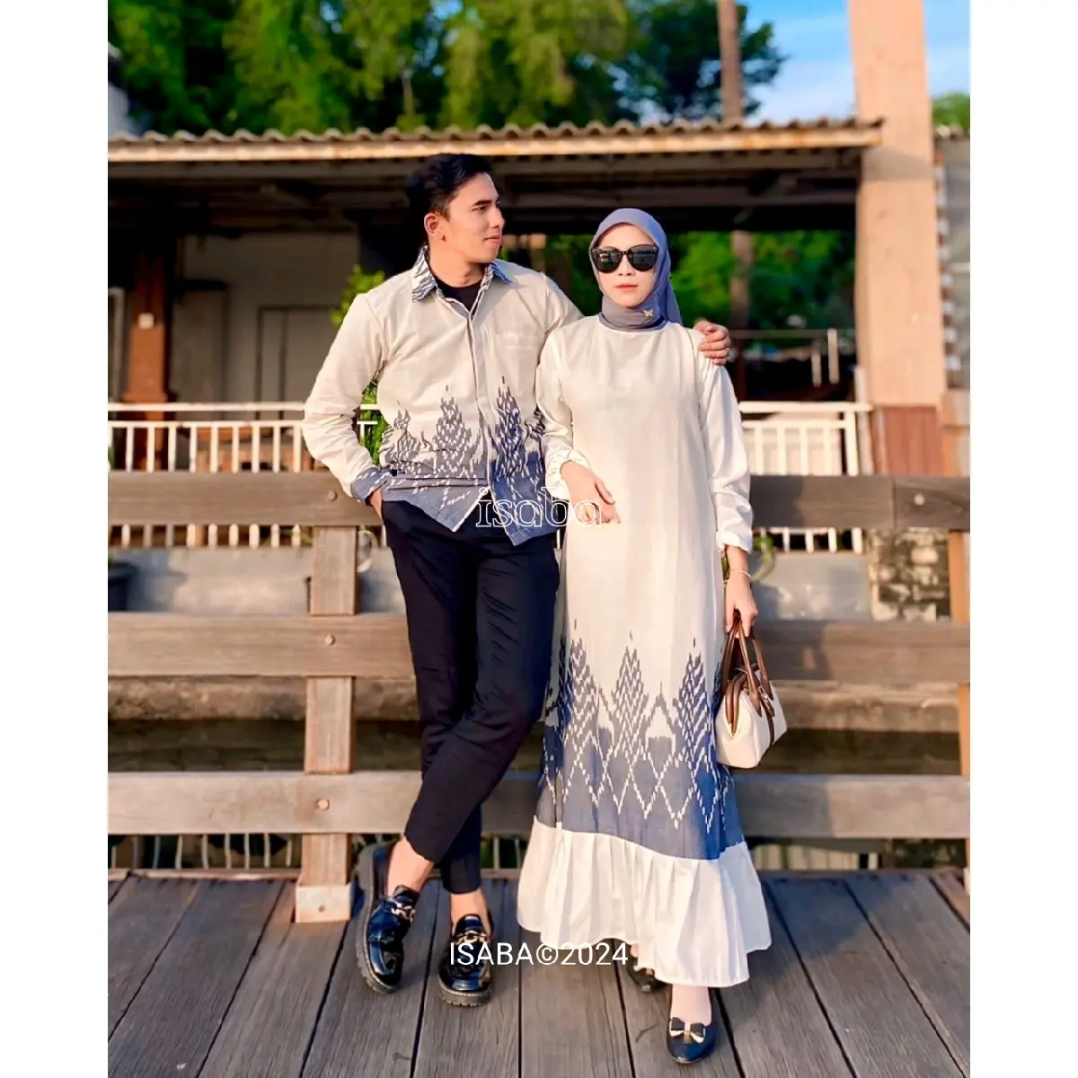 Isaba Baju Couple Dress Karina Putih Panjang Gamis Pasangan Sarimbit Keluarga Motif Batik Tenun Pakaian Wanita Muslim Setelan Kondangan Lebaran Pesta Katun Tunik Tangan