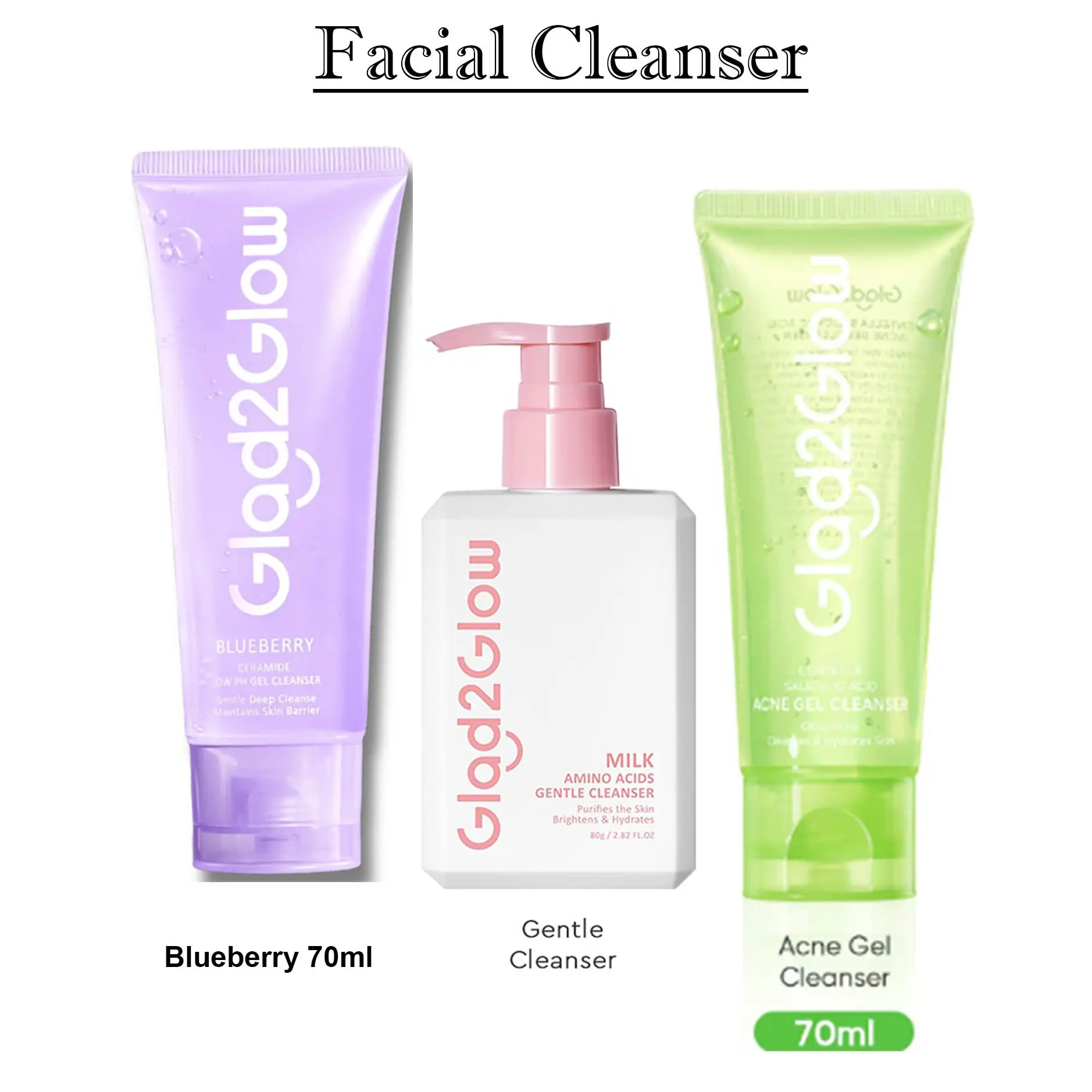 Pembersih Wajah Glad2Glow Low Ph Centela Acne Gel Blueberry 70ml Milk Amino Acid - Facial, Cleansing Vitamin Membersihkan Cleanser glad2glow  face wash hijau skin barrier