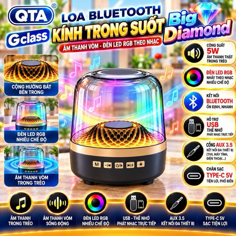 Loa Bluetooth Kính Đèn Kim Cương Gclass,nghe nhạc với đèn LED RGB đổi màu, âm trầm mạnh. chuẩn công suất 5w. kêu lớn đèn đẹp