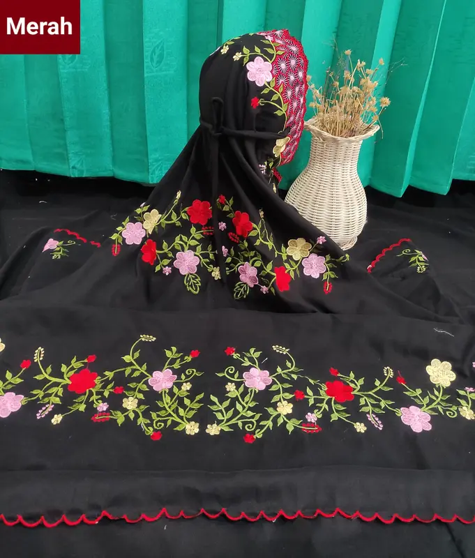 Mukena Terusan Dewasa Polino Warna Hitam Bordir Bunga Jasmine Cantik Motif Nyaman Muslim Navy Mukenah Katun Panjang Renda Santri 3