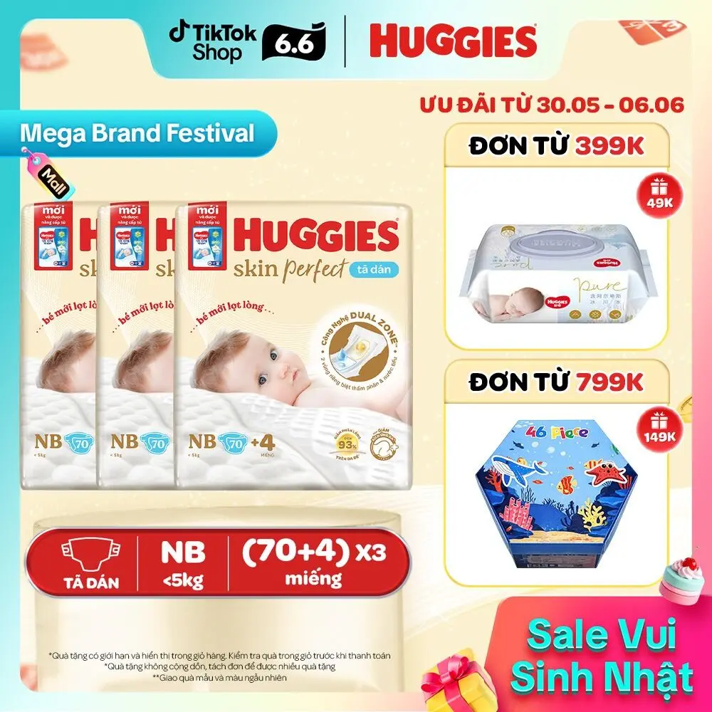 [Creator] Thùng 3 gói Tã/bỉm dán sơ sinh Huggies Skin Perfect với 2 vùng thấm giảm kích ứng da Size NB70+4/S54+4/S80+2/M76+3  [CTKM cộng miếng thay đổi theo từng đợt nhập hàng]