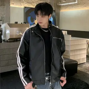 Jaket Kulit Pria Style Korea Warna Hitam dan Coklat Garis Setrip Putih Kerah Berkancing