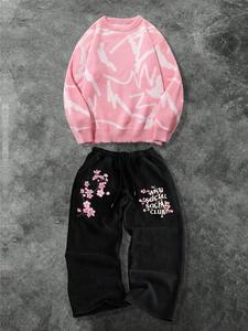 ストリートカジュアルセットアップ ユニセックス ニットセーター 長袖トップス & プリントパンツ 秋冬 ルーズフィット ファッション