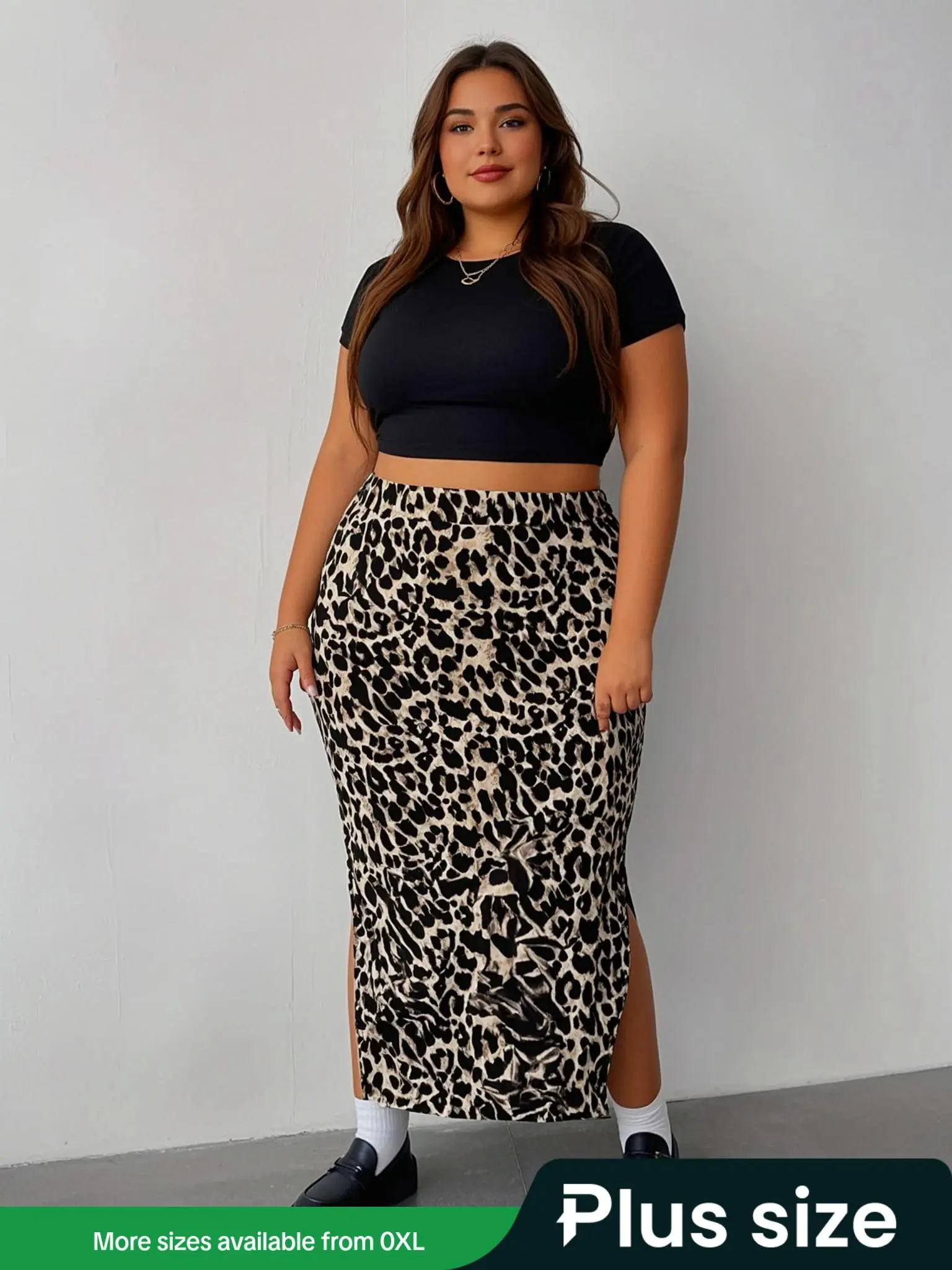 【Plus Size】 Leopard Print Split Hem Midi Skirt, Casual Fashionable Skirt for Daily Outdoor Wear, Women Clothing for Spring Fall, Womenswear