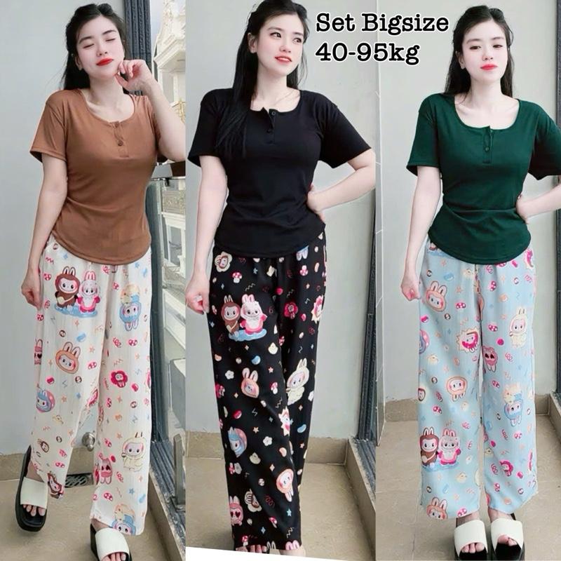 [Ưu Đãi Độc Quyền TTS] - Set Bộ Dài Bigsize Nữ Áo Thun Cổ Tròn Khóa Nút Phối Quần Dài Đũi Sọc Mịn Mát Dễ Thương Cao Cấp Xinh Đẹp Sang Trọng  50-95kg Áo Top Cotton Màu Nâu Sen Màu Đen Set Đồ Nữ đẹp Set Áo  Bộ Suit Nữ Sang Chảnh Bigsize Women Trắng Kem