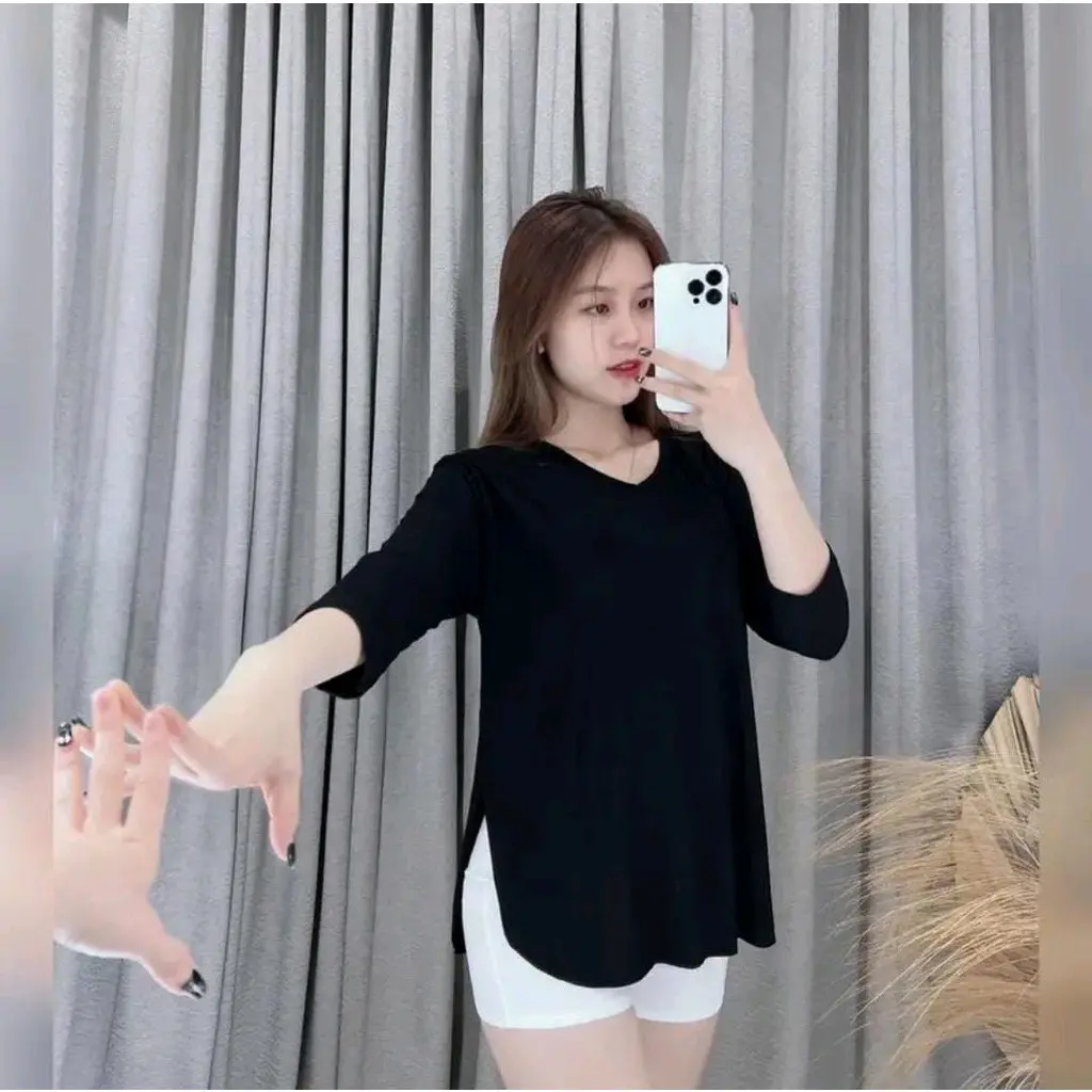 Kaos Oversize Lengan 7/8 Kaos Wanita Atasan Wanita Spandex Atasan Wanita Polos Baju