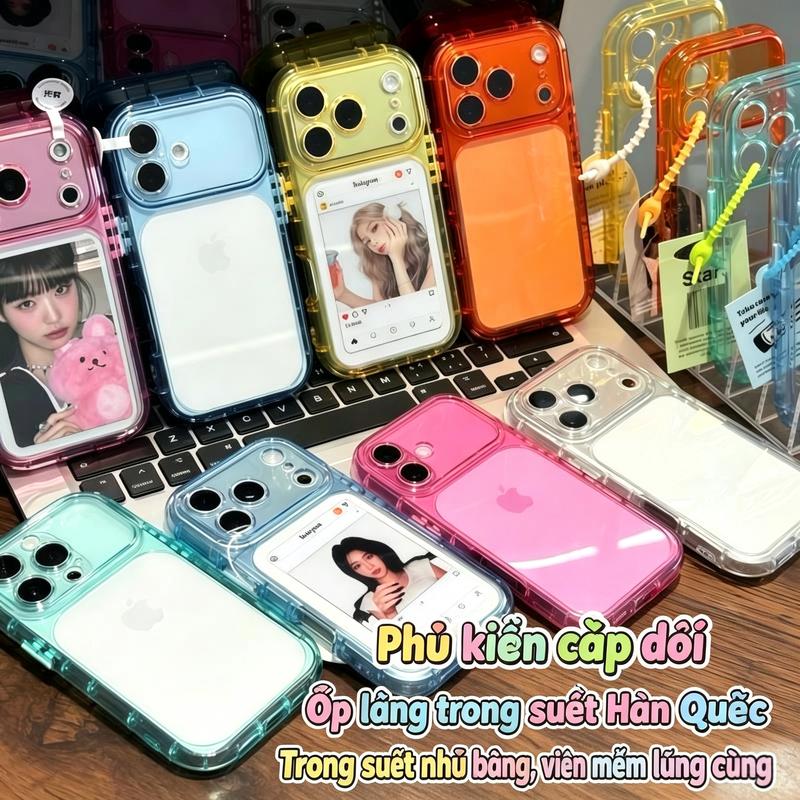 Ốp lưng iPhone cửa sổ lớn trong suốt tinh thể Hàn Quốc, viền mềm lưng cứng màu cầu vồng dopamine,tương thích iPhone 18,17,16,15,14,13,12 Pro/Pro Max, 11