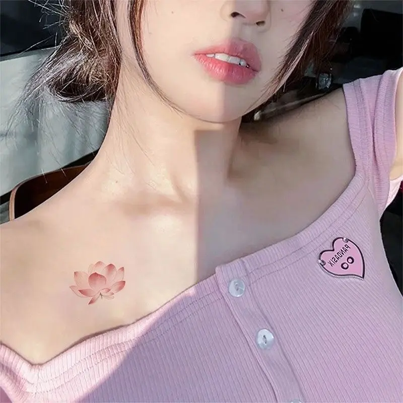 Hình xăm hoa sen nở, màu hồng, dễ thương và thời trang, dành cho ngực của bé gái, miếng dán hình xăm không thấm nước, hình xăm tạm thời 7 ngày, miếng dán da 6