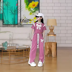 Setelan Baju Anak Perempuan Model Crope Motif Pita Oneset fashion Anak Kaos Dan Celana Kulot Panjang Set Baju dan Celana korea