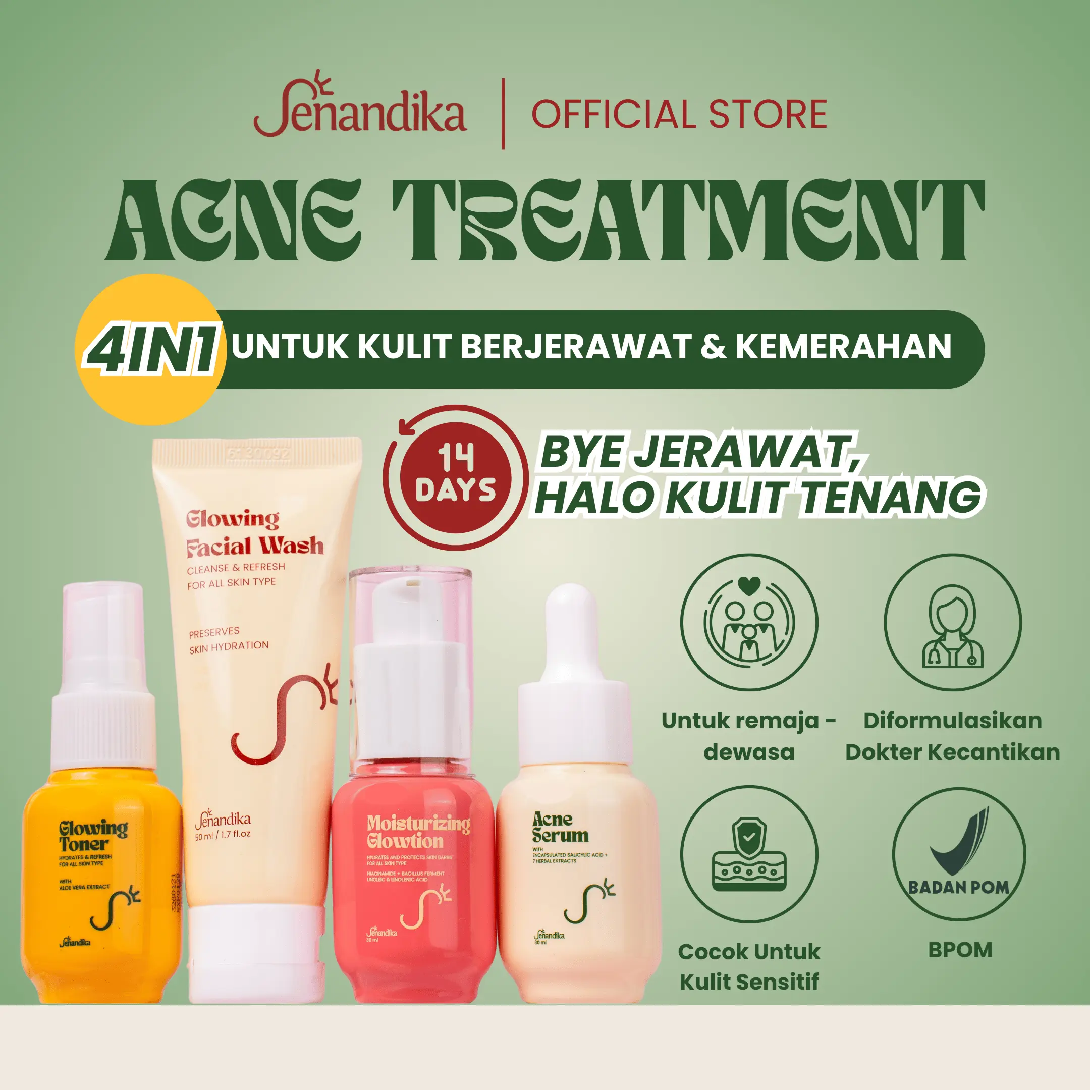 Senandika Acne Treatment Package Facial Wash Toner Serum Krim Salicylic Acid Terenkapsulasi & 7 Ekstrak Herbal Meredakan Jerawat, Menenangkan Kulit Sensitif, Mengontrol Minyak, Menyamarkan Bekas Jerawat, Skincare BPOM