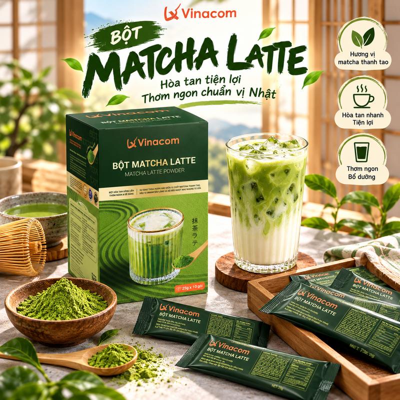 Trà Sữa Matcha Latte Hoà Tan Vinacom - Hộp 250g (10 gói x 25g) - Chuẩn Vị Nhật Bản, Thơm Ngon Trong 1 Phút - Phù Hợp Văn Phòng, Sinh Viên - Đơn Giản, Gọn Nhẹ, Tiện Lợi