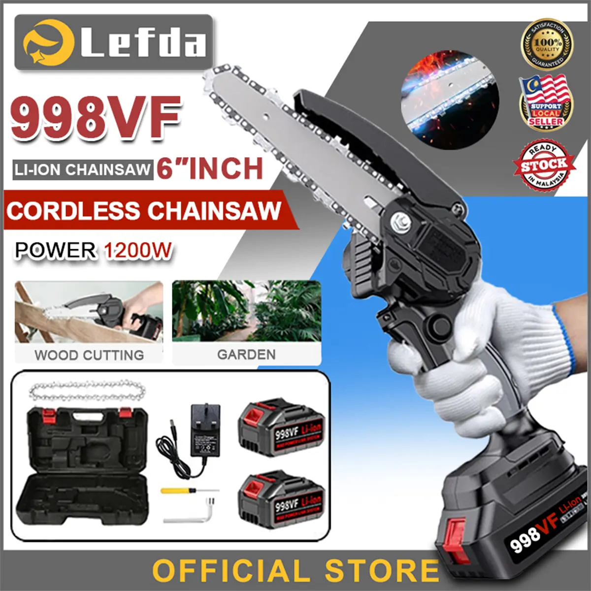 998VF 6″Inch Chainsaw Cordless 1200W Electric Mini Chainsaw Wood Cutter Portable Branch Pruning Saw Electric Small Handheld Chain Saw Gergaji Elektrik Mesin