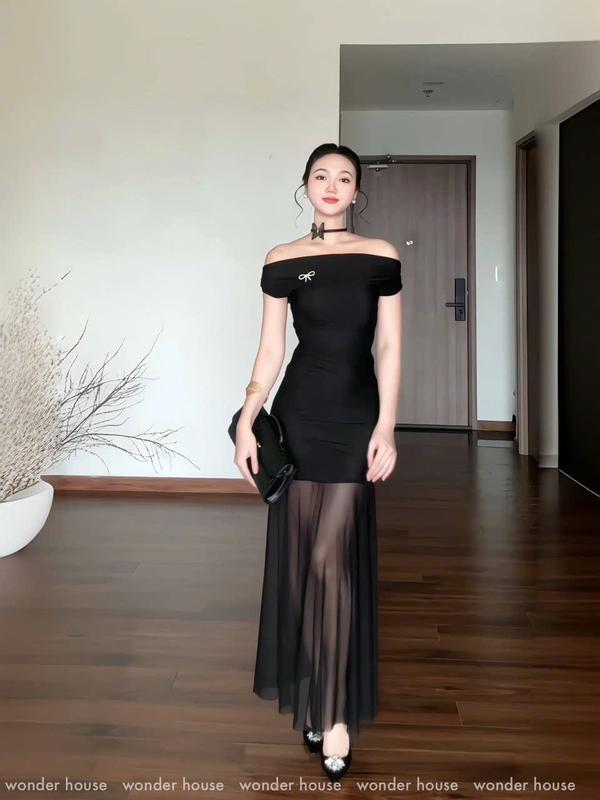  Milia Dress Wonderhouse Đầm thiết kế trễ vai dáng dài chất vải thun ren dày dặn sang dư tiệc dạo phố sang trọng 