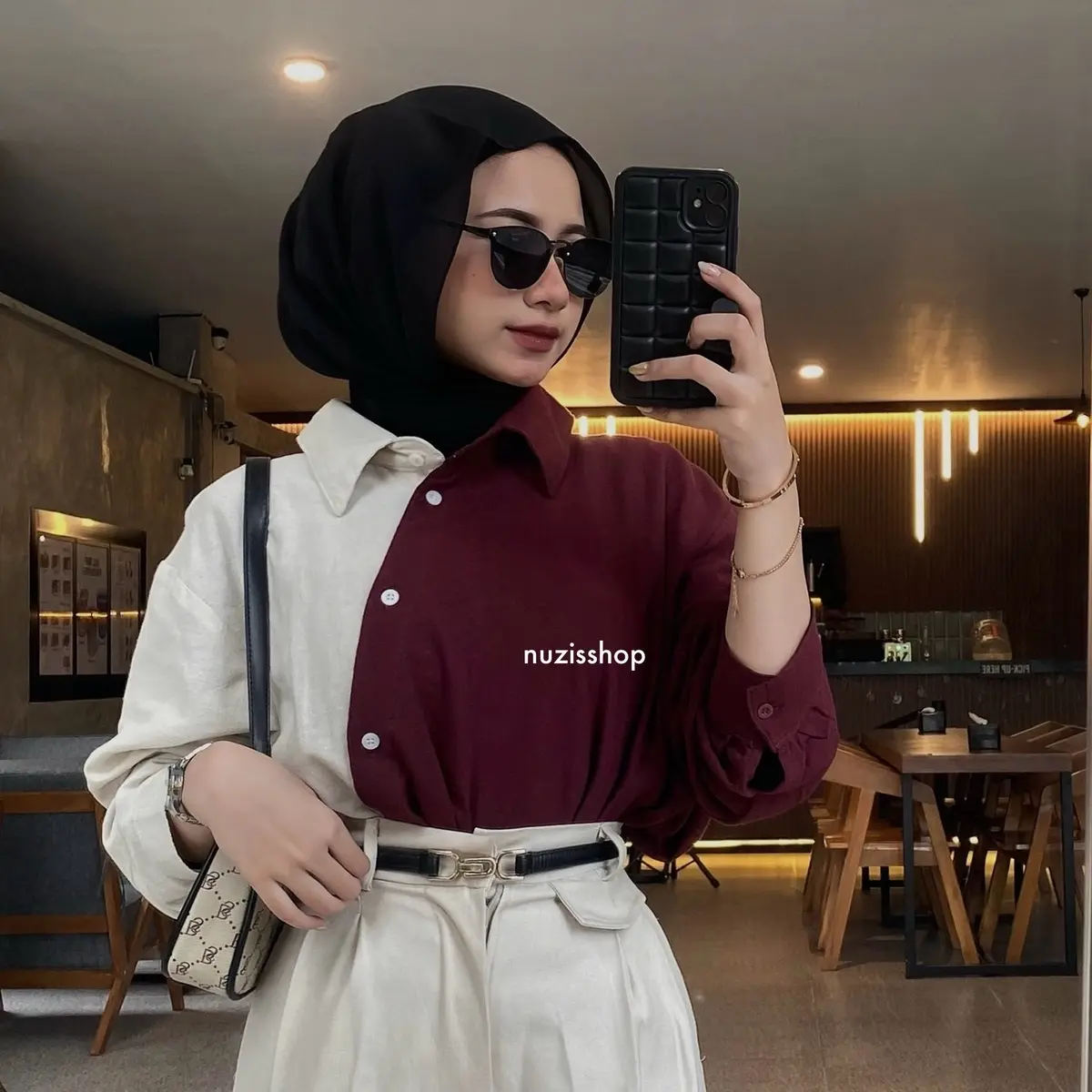 NUZI - Alea Oversized Shirt Two Ways Looks Korean Style Kombinasi Twotone Bolak-Balik Linen Import