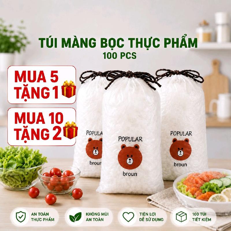 SET 100 Túi Màng Bọc Thực Phẩm PE Co Giãn – Bọc Tô Đĩa Ly Hoa Quả Rau Củ Tiện…