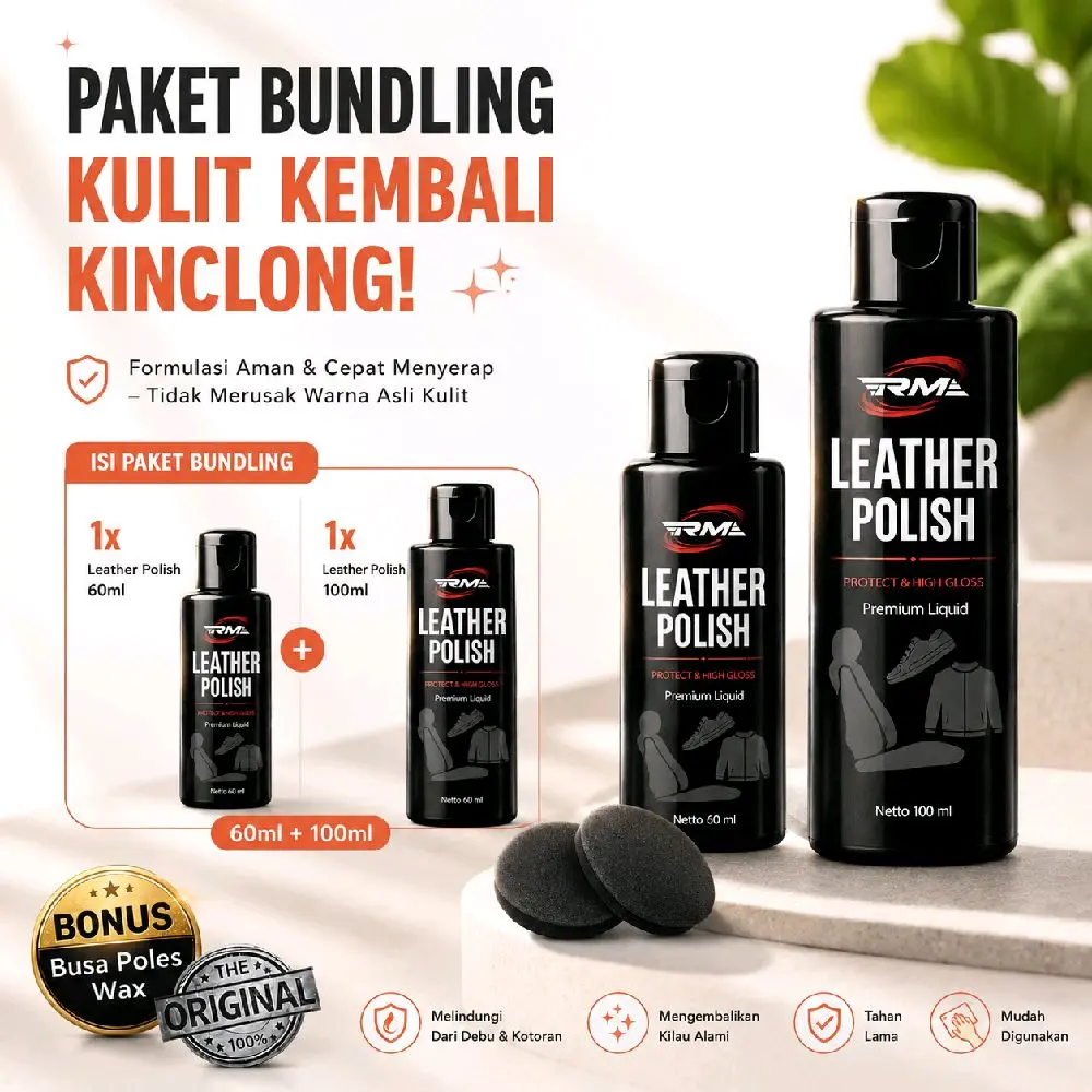 Paket Bundling Jaket Kulit/ Jok Motor dan Dasbor Kembali Kinclong Leather Polish 60ml & 100ml Bonus Bussa Poles Wax Original