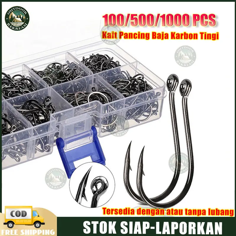 100/500/1000 Pcs Kail Pancing Aneka Ukuran Bahan Baja Karbon Dengan Tali Pengait Fishing Hook Set High-Carbon Steel Barbed Kail pancing carbon 100pcs/500pcs/1000pcs Kail Pancing Bahan Baja Karbon Kuat Untuk Air Tawar / Laut COD tanpa lubang
