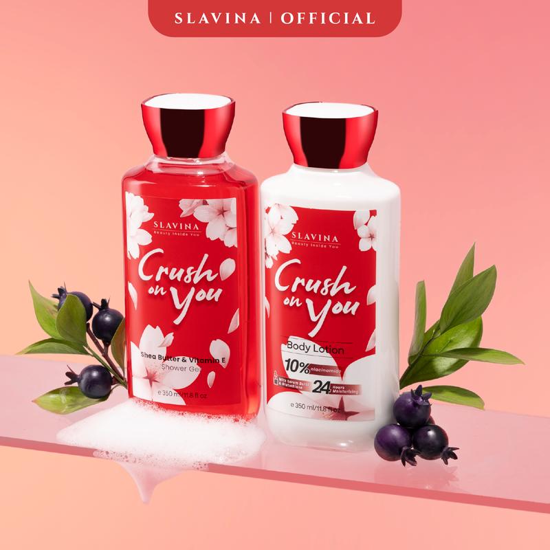 SLAVINA Crush On You Body Care Body Lotion dan Shower Gel by Nagita Slavina Moisturizer dan Sabun Mandi Cair 350ml Perawatan Tubuh dan Tangan Memutihkan Kulit Kering Dengan Glutathione + Vitamin 4
