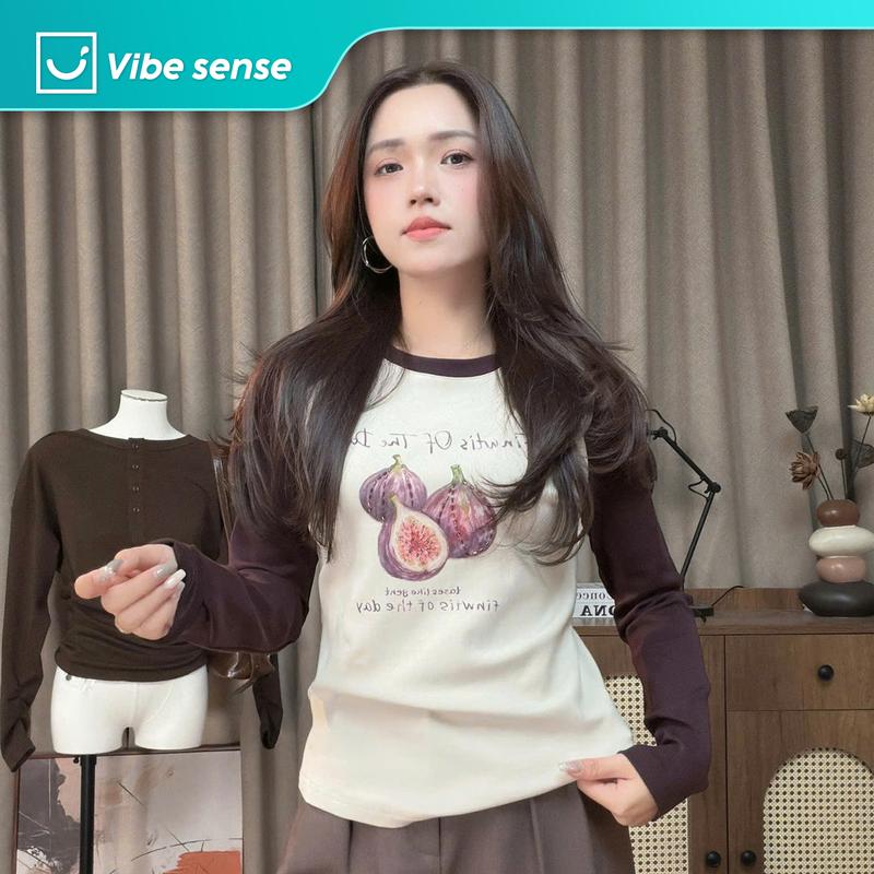 Áo Thun Dài Tay Nữ VIBE SENSE, Áo Thun Dài Tay Raglan Hình Quả Sung VBA214