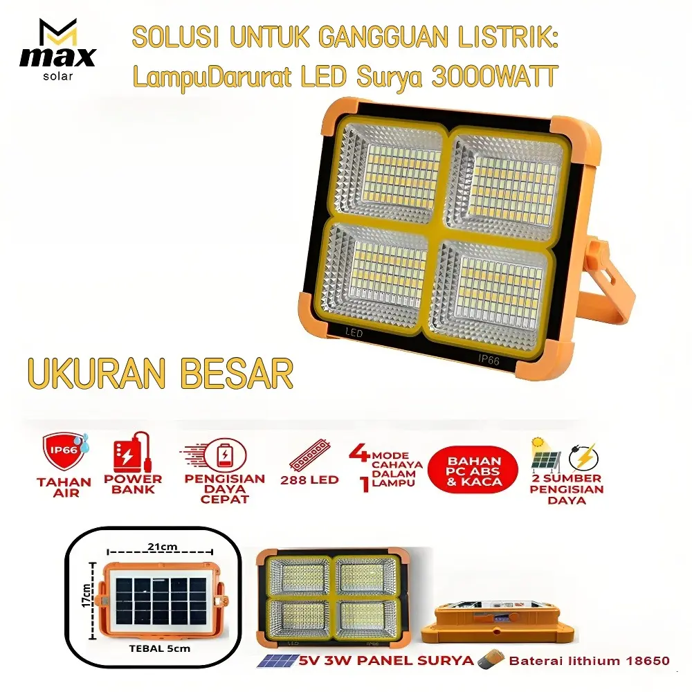 【MAX SOLAR】“SOLUSI MATI LAMPU” Lampu LED Solar Emergency 3000W Profesional｜Tahan Air & Tahan Lama｜Portabel untuk Camping｜Lampu Tenaga Surya Outdoor Multi-Fungsi
