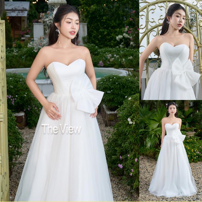   Tặng cài hoa  Áo Cưới Boho nhẹ đi bàn voan nhẹ nhàng bồng bềnh dòng váy cưới cúp nguc Nơ To mã 371 Nữ Trắng Women 