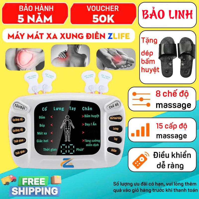 Máy massage xung điện châm cứu toàn thân 8 chế độ massage, 15 cấp cường độ bản tiếng việt kèm dép massage chân
