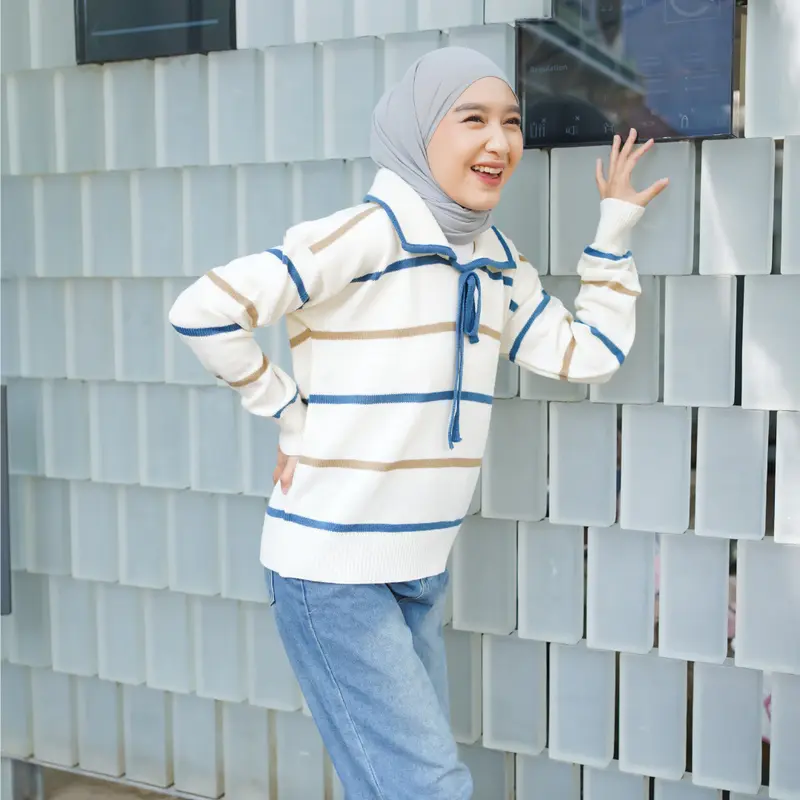 NUNANE.ID -Sweater Rajut two tone striped - Atasan Blouse Wanita  polo pita Motif Garis Korean Style DAVIRA 2