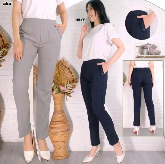 Celana bahan kerja wanita pinggang karet belakang 0