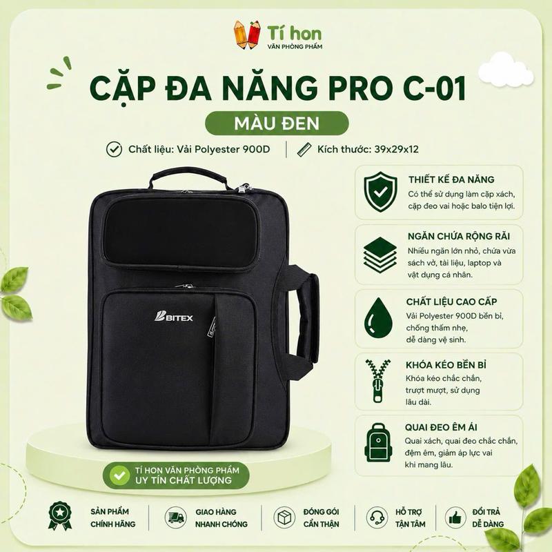 Cặp laptop đa năng màu đen dành cho học sinh, sinh viên, giáo viên, nhân viên văn phòng