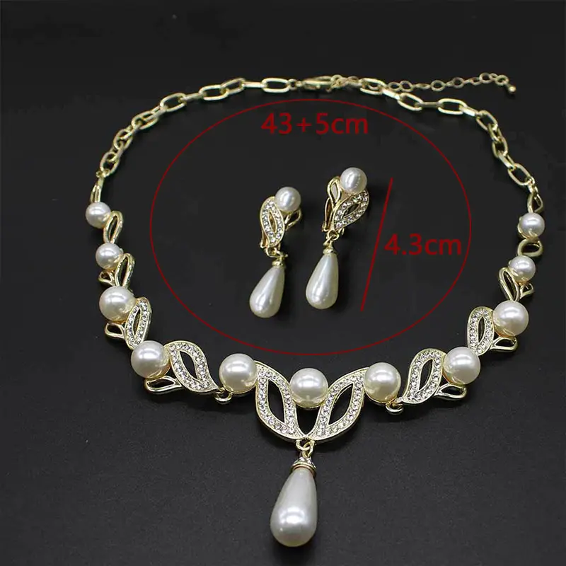 18K Emas Kalung Mutiara dan Anting-Anting Set Perhiasan Wanita Pengantin untuk Pesta Pernikahan 3