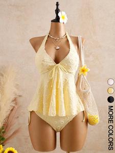 Conjunto tankini halter Primavera/Verano 2 piezas para mujer | Traje de baño fluido con estampado floral texturizado y lazada frontal | Estilo boho coquette para vacaciones en la playa y uso en piscina