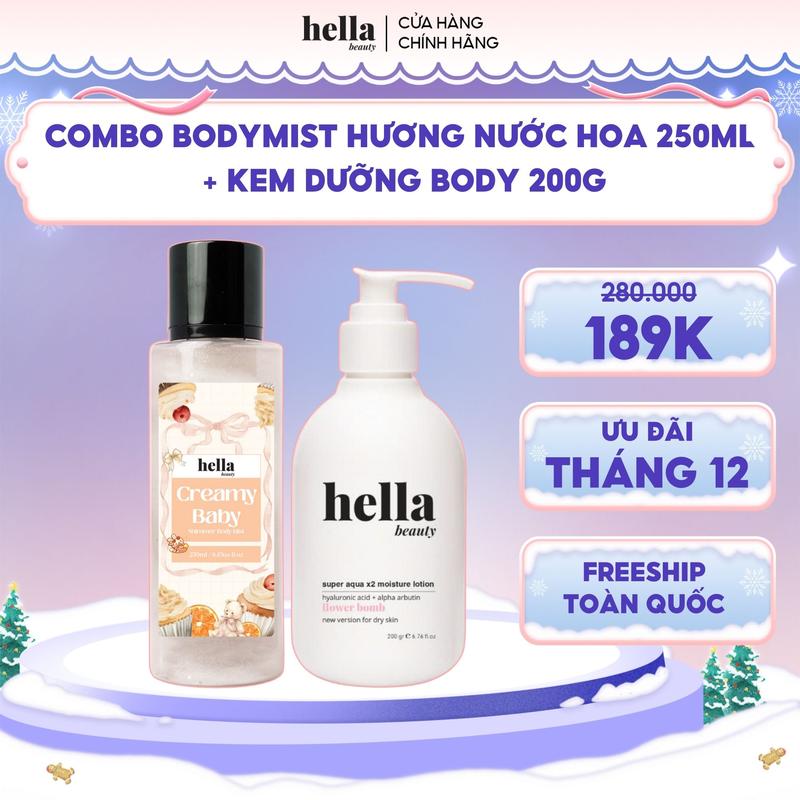 Combo Bodymist hương nước hoa Hella Beauty 250ml + Kem body dưỡng ẩm cấp nước Hella Beauty 200g